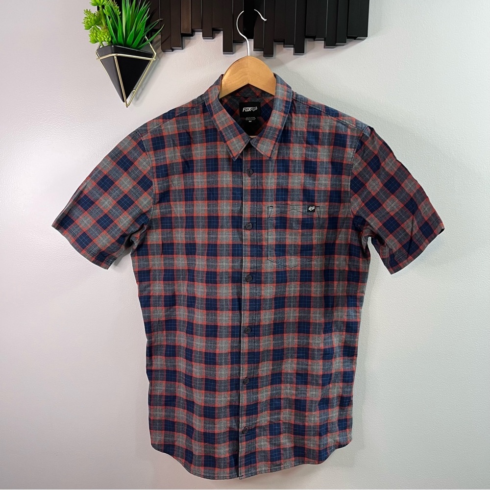 Fox Mens Shirt M Medium Red Blue Grey Button Front, Short Sleeve